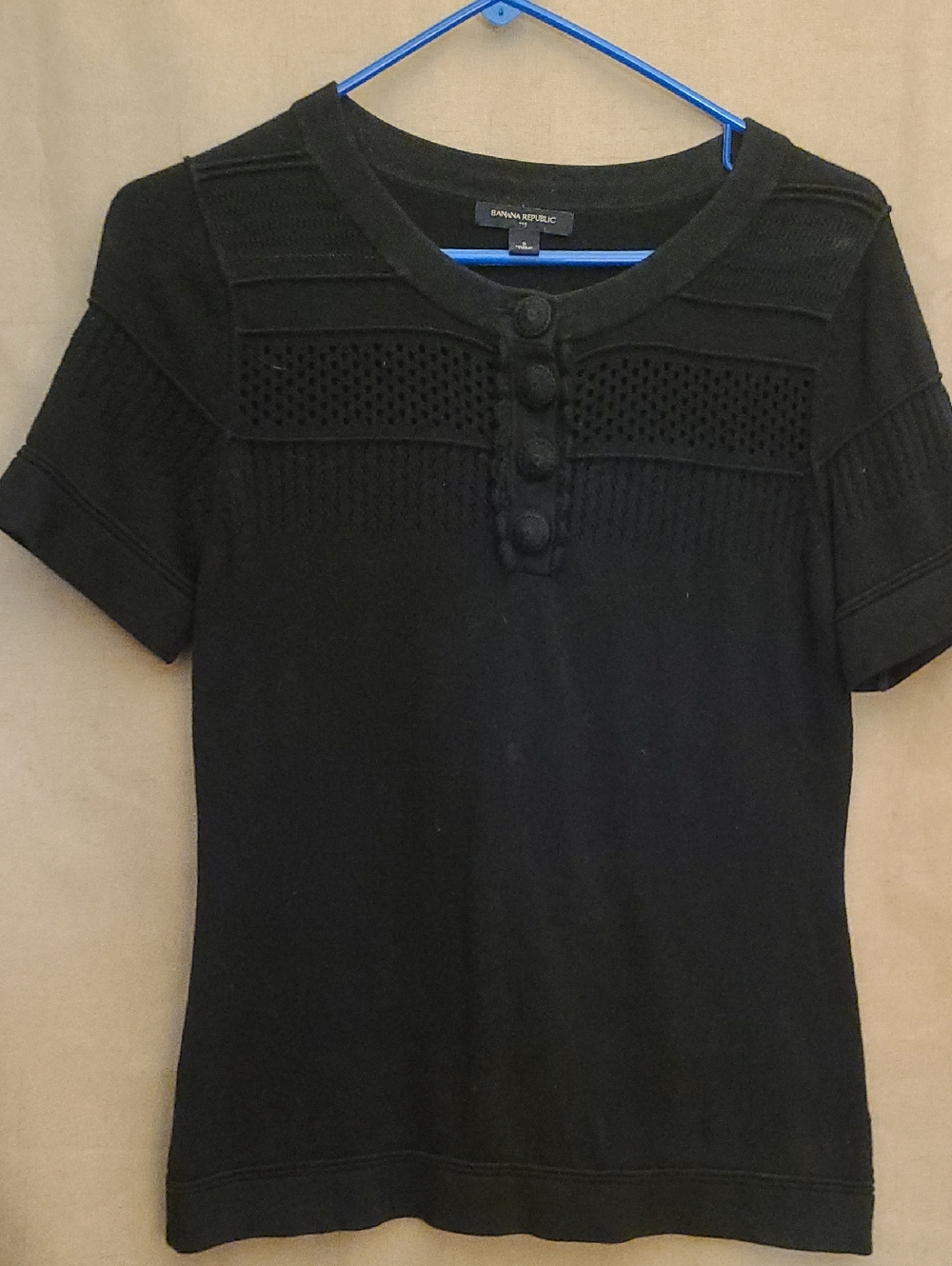 Emporio Armani Black Short-Sleeve Knit Top with Button Placket
